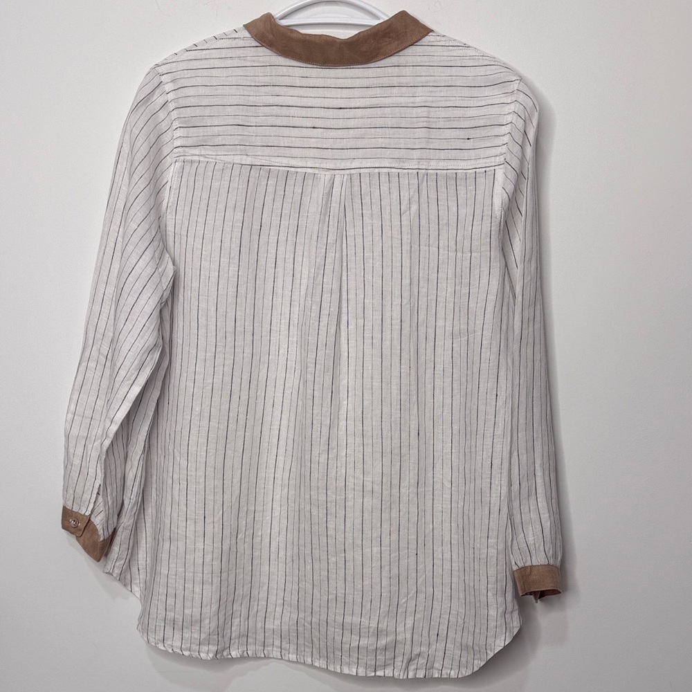 100% linen Striped White and Brown Button-Up Shirt - Picture 7 of 11